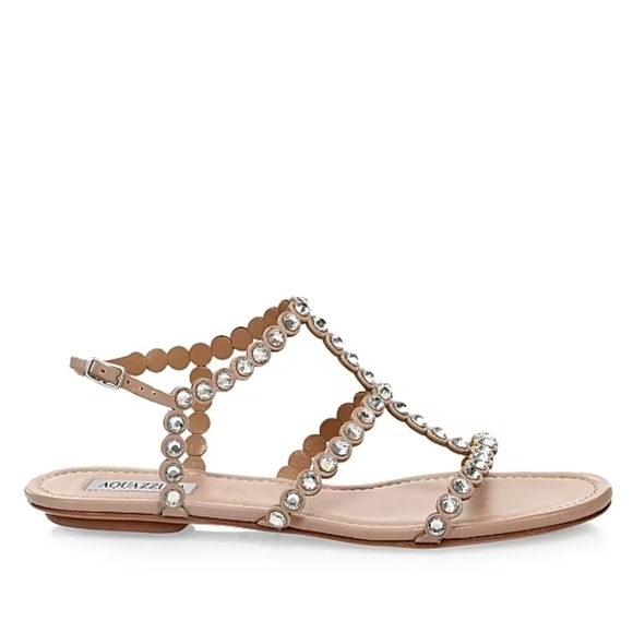 Aquazzura Tequila Crystal-Embellished Leather Flat Sandals Beige Sz 39.5 US 9.5